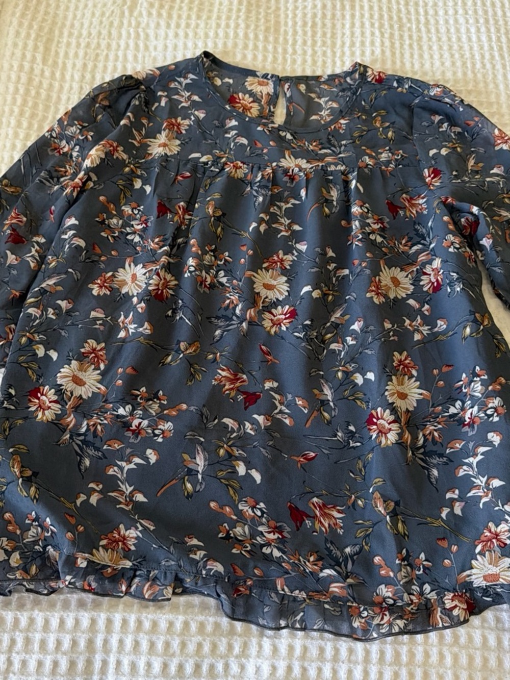 Alegria Slate Blue Floral Blouse with Ruffle Hem